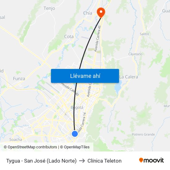 Tygua - San José (Lado Norte) to Clínica Teleton map