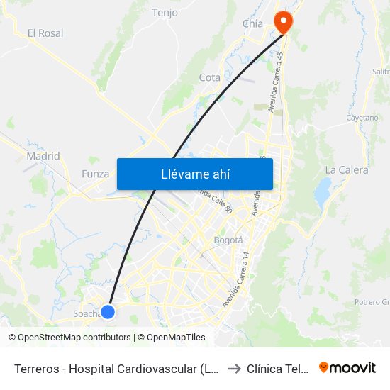 Terreros - Hospital Cardiovascular (Lado Sur) to Clínica Teleton map