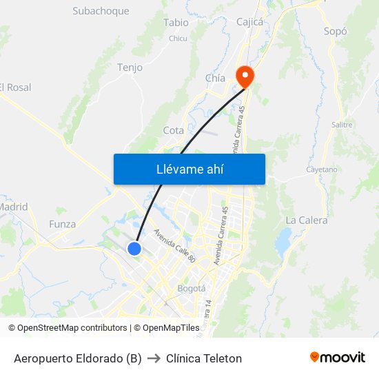 Aeropuerto Eldorado (B) to Clínica Teleton map
