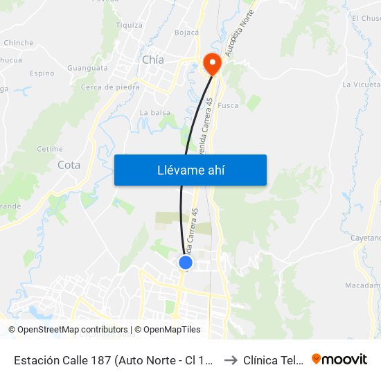 Estación Calle 187 (Auto Norte - Cl 187 Bis) (A) to Clínica Teleton map