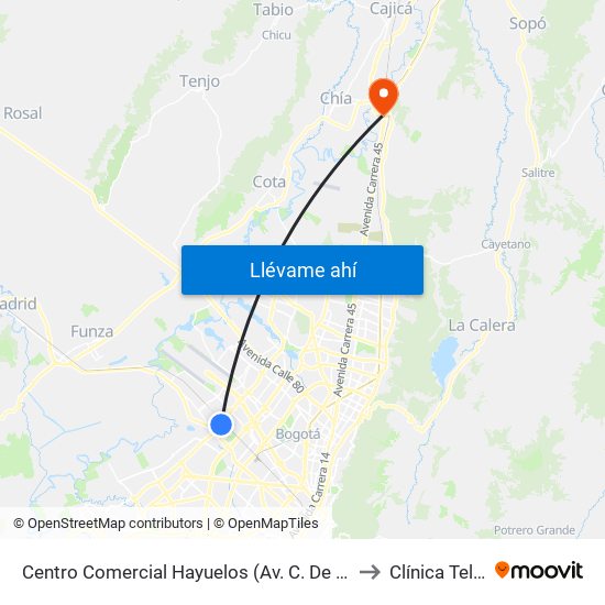 Centro Comercial Hayuelos (Av. C. De Cali - Cl 20) to Clínica Teleton map
