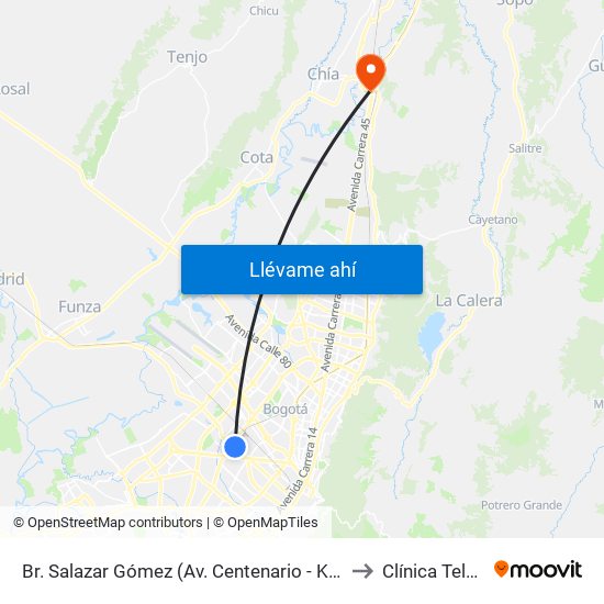 Br. Salazar Gómez (Av. Centenario - Kr 65) (A) to Clínica Teleton map