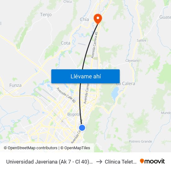Universidad Javeriana (Ak 7 - Cl 40) (B) to Clínica Teleton map