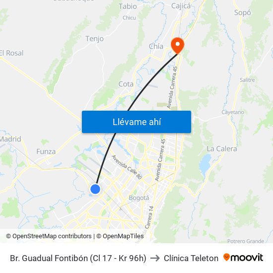 Br. Guadual Fontibón (Cl 17 - Kr 96h) to Clínica Teleton map