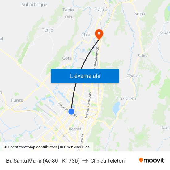 Br. Santa María (Ac 80 - Kr 73b) to Clínica Teleton map
