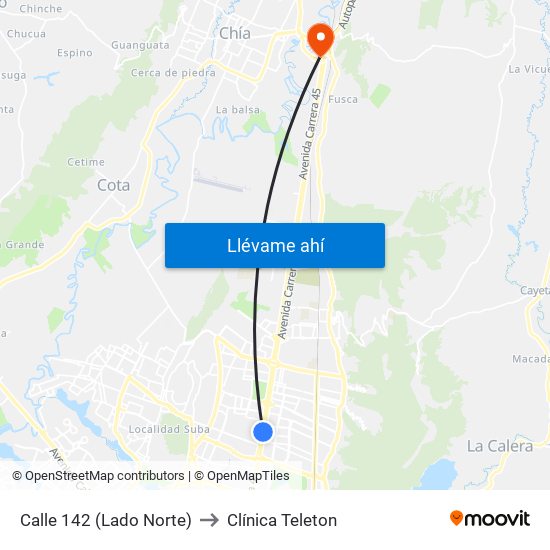 Calle 142 (Lado Norte) to Clínica Teleton map