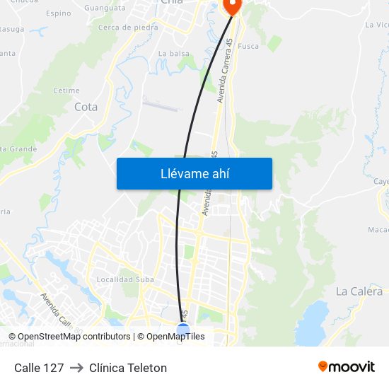 Calle 127 to Clínica Teleton map