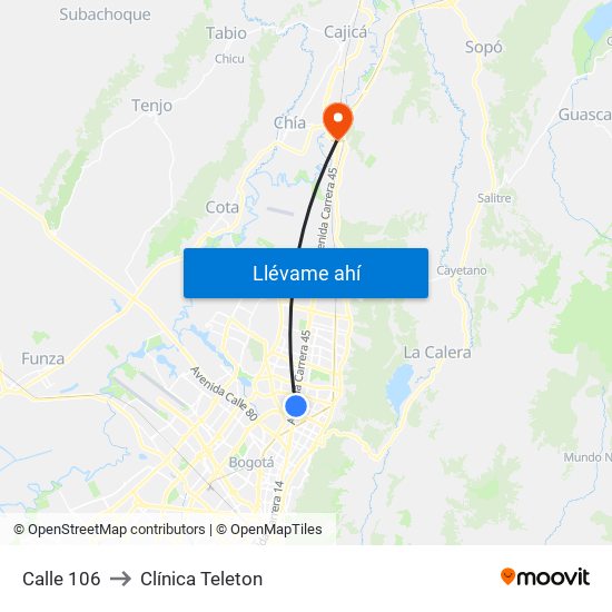 Calle 106 to Clínica Teleton map