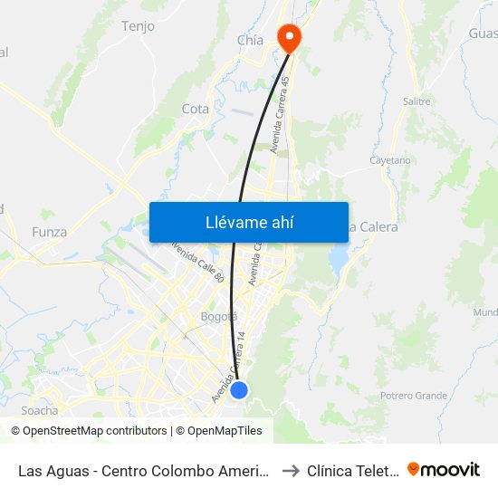 Las Aguas - Centro Colombo Americano to Clínica Teleton map