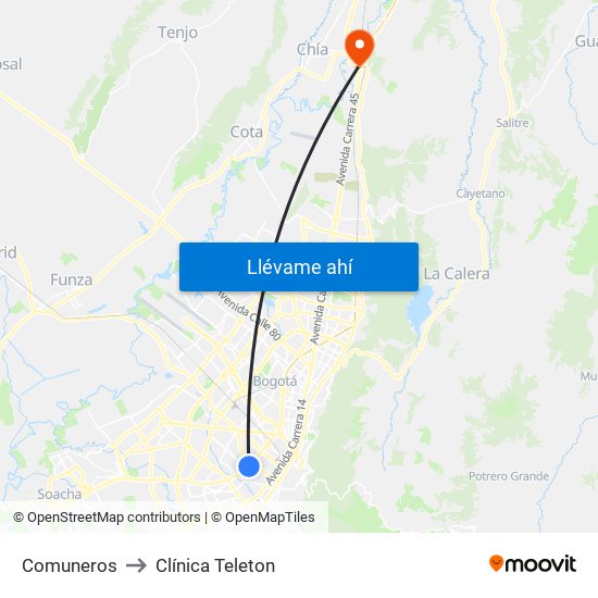 Comuneros to Clínica Teleton map