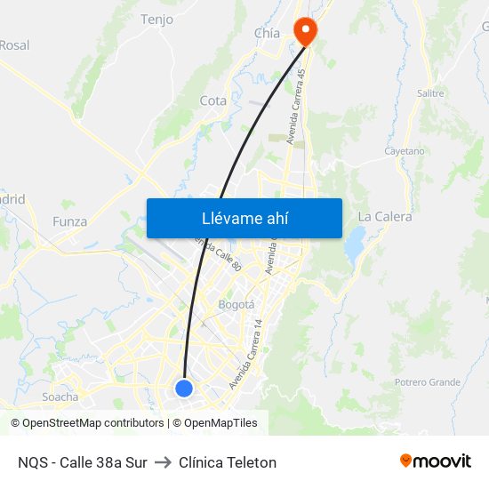 NQS - Calle 38a Sur to Clínica Teleton map