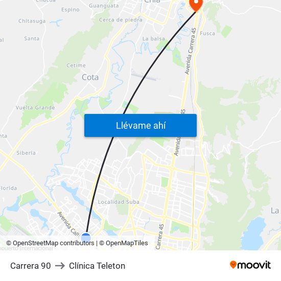 Carrera 90 to Clínica Teleton map