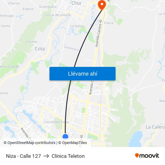 Niza - Calle 127 to Clínica Teleton map