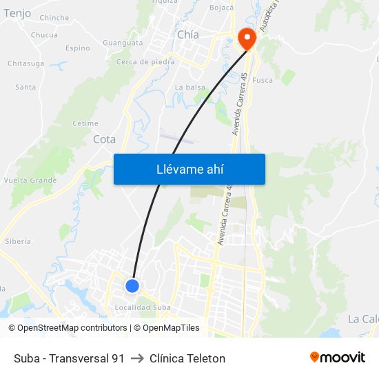 Suba - Transversal 91 to Clínica Teleton map