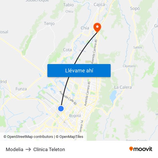 Modelia to Clínica Teleton map
