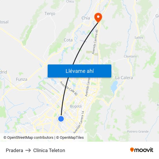 Pradera to Clínica Teleton map