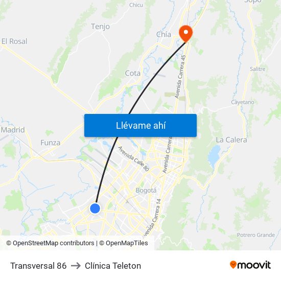 Transversal 86 to Clínica Teleton map