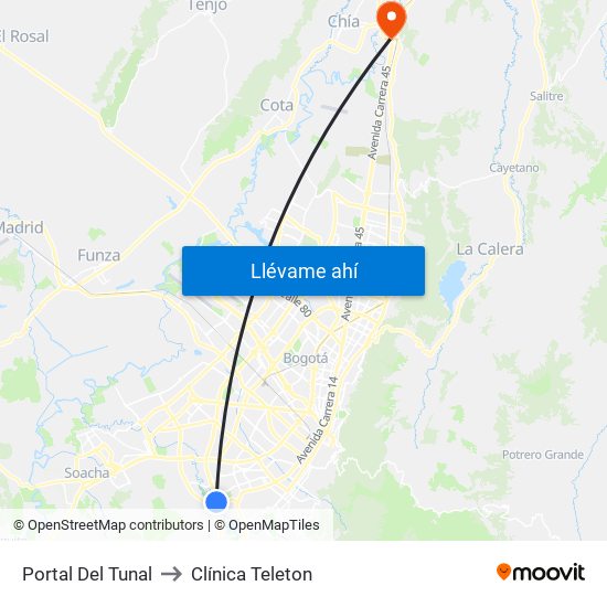 Portal Del Tunal to Clínica Teleton map