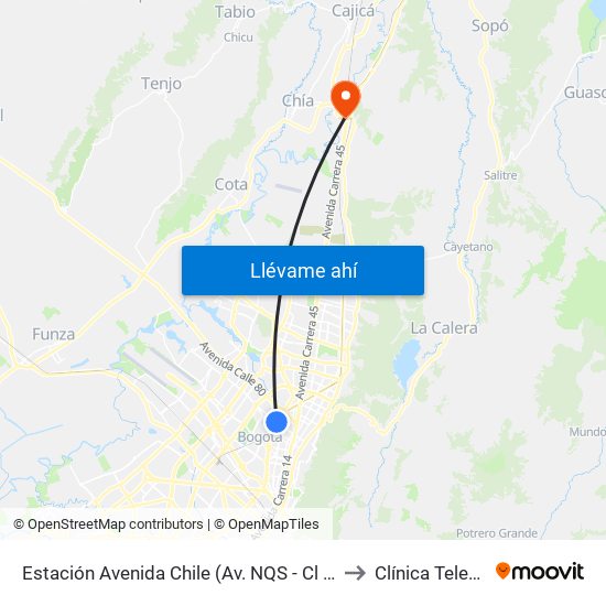 Estación Avenida Chile (Av. NQS - Cl 71c) to Clínica Teleton map