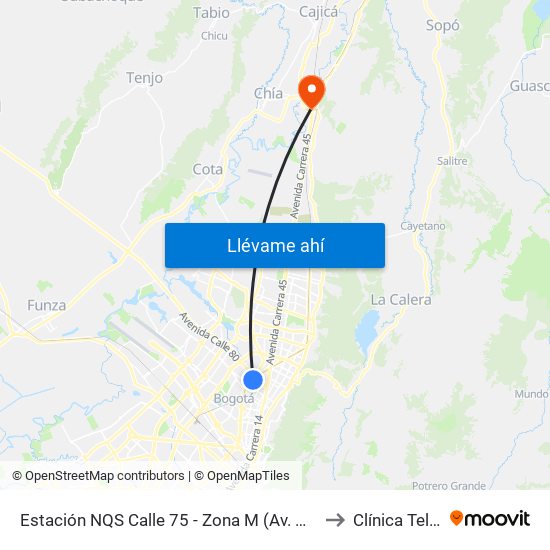 Estación NQS Calle 75 - Zona M (Av. NQS - Cl 75) to Clínica Teleton map