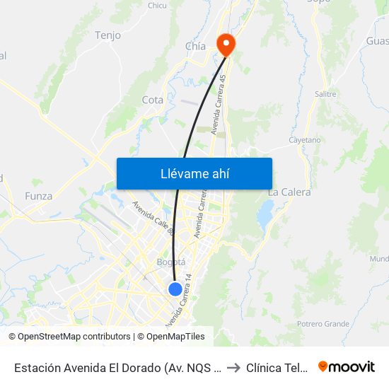Estación Avenida El Dorado (Av. NQS - Cl 40a) to Clínica Teleton map