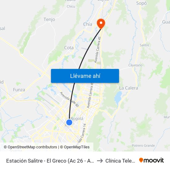 Estación Salitre - El Greco (Ac 26 - Ak 68) to Clínica Teleton map