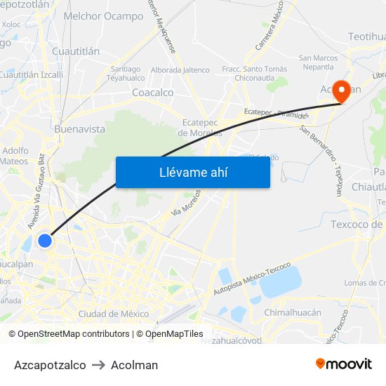 Azcapotzalco to Acolman map