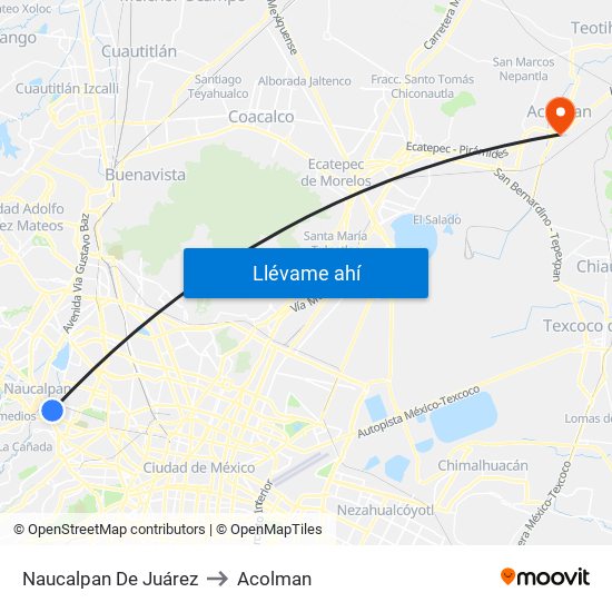 Naucalpan De Juárez to Acolman map