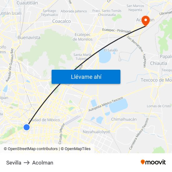 Sevilla to Acolman map
