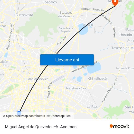 Miguel Ángel de Quevedo to Acolman map