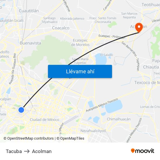 Tacuba to Acolman map