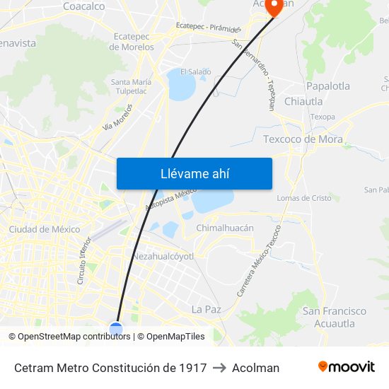 Cetram Metro Constitución de 1917 to Acolman map