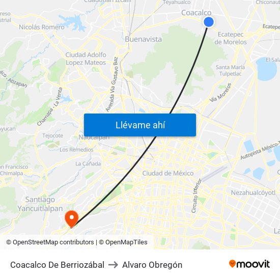 Coacalco De Berriozábal to Alvaro Obregón map