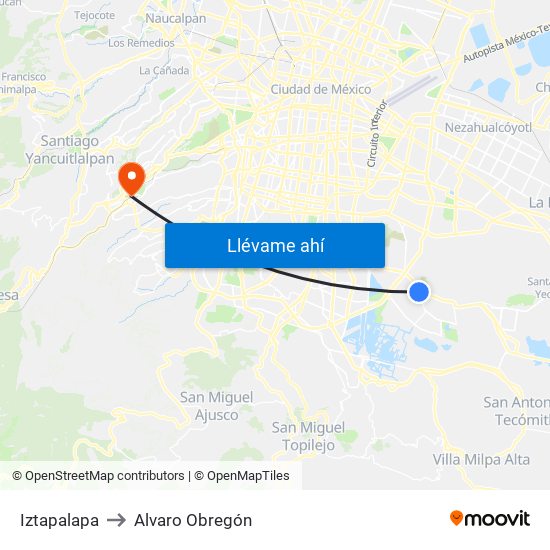 Iztapalapa to Alvaro Obregón map