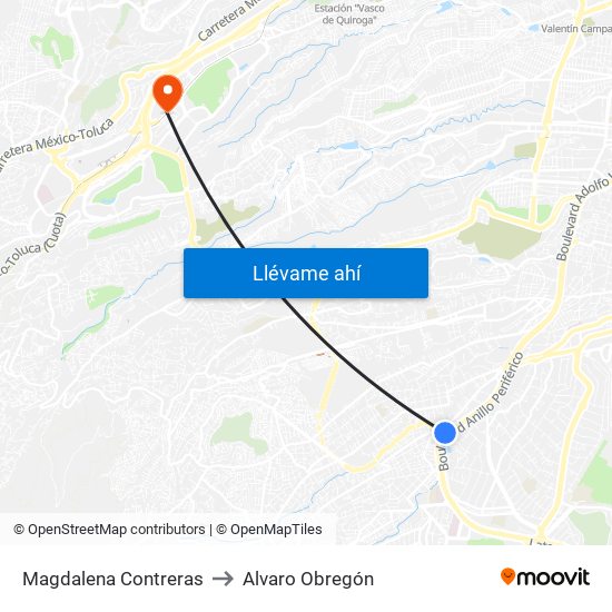 Magdalena Contreras to Alvaro Obregón map