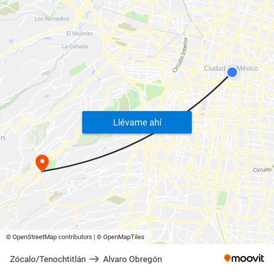 Zócalo/Tenochtitlán to Alvaro Obregón map