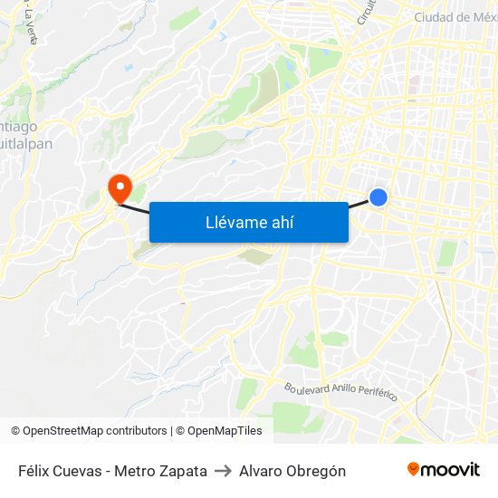 Félix Cuevas - Metro Zapata to Alvaro Obregón map