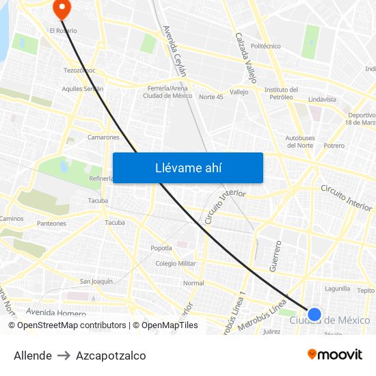 Allende to Azcapotzalco map