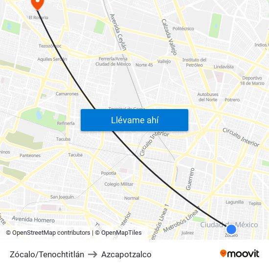 Zócalo/Tenochtitlán to Azcapotzalco map