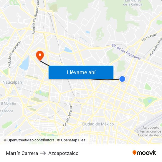 Martín Carrera to Azcapotzalco map