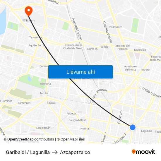 Garibaldi / Lagunilla to Azcapotzalco map