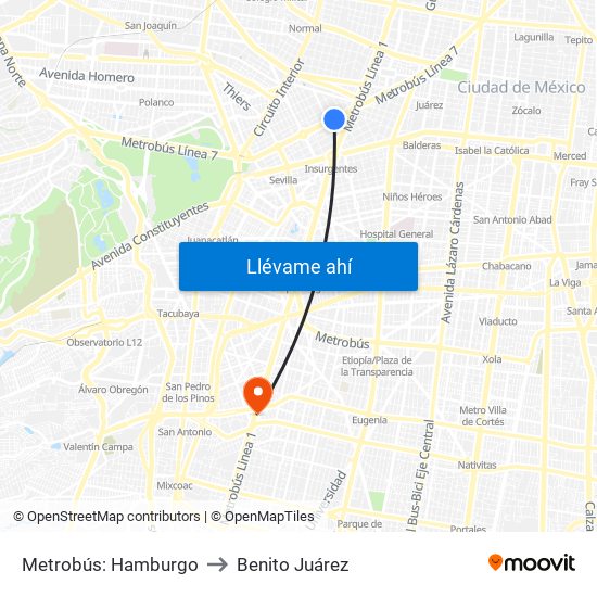 Metrobús: Hamburgo to Benito Juárez map