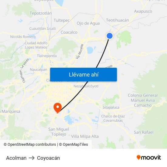 Acolman to Coyoacán map