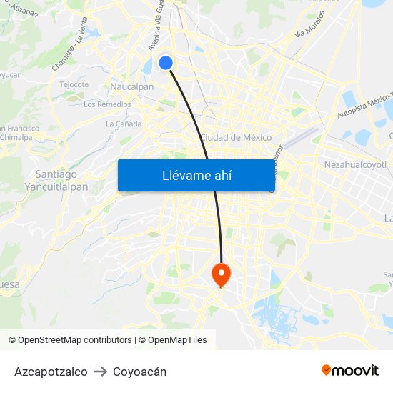 Azcapotzalco to Coyoacán map