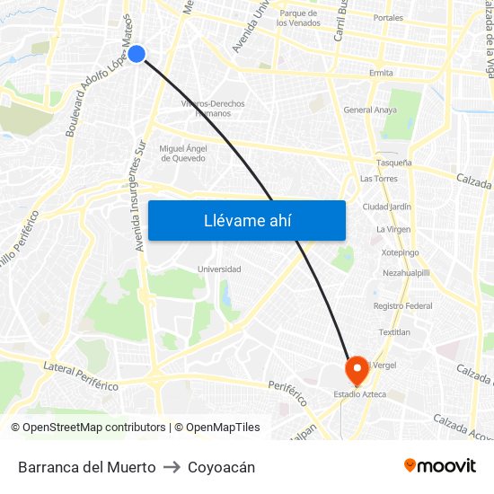 Barranca del Muerto to Coyoacán map