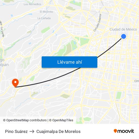 Pino Suárez to Cuajimalpa De Morelos map