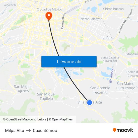 Milpa Alta to Cuauhtémoc map