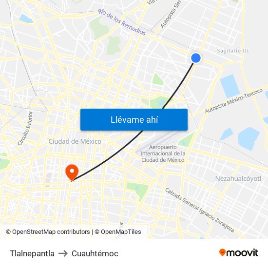 Tlalnepantla to Cuauhtémoc map