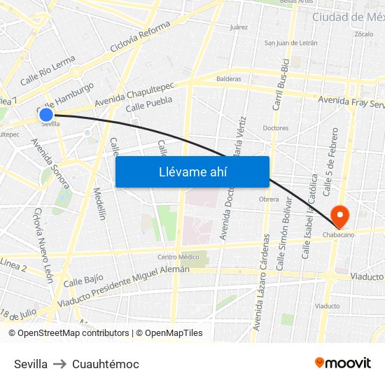 Sevilla to Cuauhtémoc map