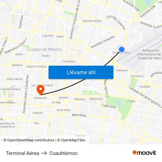 Terminal Aérea to Cuauhtémoc map